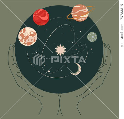 Hands holding solar system planets in ball, cosmos - Stock Illustration ...