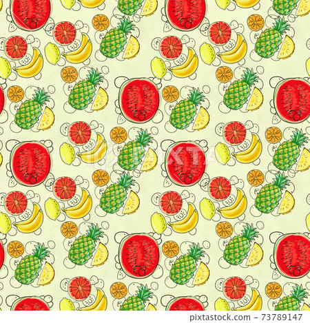 Hand drawn seamless pattern. Summer background with exotic fruits. Hand drawn seamless pattern. Summer background with exotic fruits. 73789147