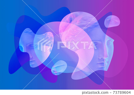 Collage with plaster antique sculpture of human face in a pop art style. Modern creative concept image with ancient statue head. Zine culture. Contemporary art poster. Funky minimalism. Retro design. 73789604