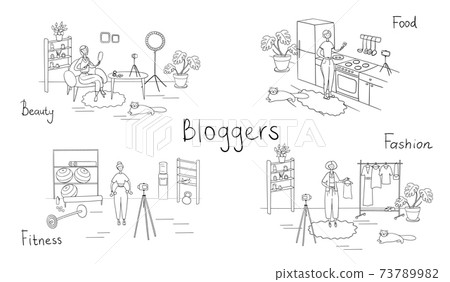 Set of bloggers and vloggers characters making internet content. Peoples creating video for their blog channel. Influencers shooting vlog. Vector cartoon illustration 73789982