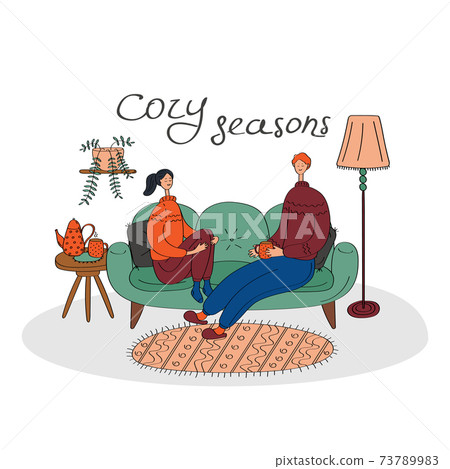 Hygge card with happy couple. Cozy home, stay home concept. Linear hand drawn vector illustration for poster, sticker, banner, seasonal design Hygge card with happy couple. Cozy home, stay home concept. Linear hand drawn vector illustration for poster, sticker, banner, seasonal design 73789983