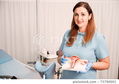 Charming female doctor holding uterus anatomy model. 73790001