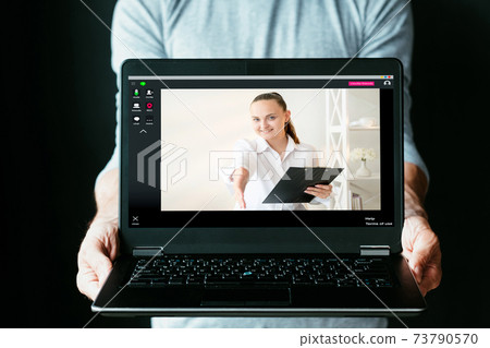 virtual meeting business webinar female laptop 73790570
