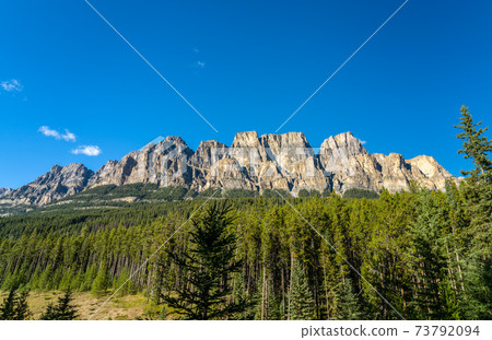 Castle Mountain Cliff Viewpoint in summer sunny day, Bow Valley Parkway, Banff National Park, Canadian Rockies, Alberta, Canada. Castle Mountain Cliff Viewpoint in summer sunny day, Bow Valley Parkway, Banff National Park, Canadian Rockies, Alberta, Canada. 73792094