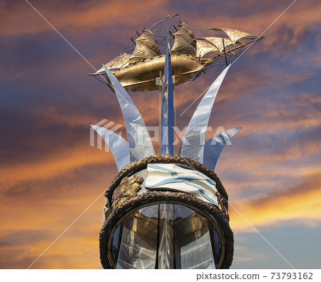 Brig Mercury (two-masted sailboat) against the sky --Monument of the black sea sailors (opened in September 2003, sculptor Andrey Kovalchuk), Nakhimovsky prospekt , Moscow, Russia Brig Mercury (two-masted sailboat) against the sky --Monument of the black sea sailors (opened in September 2003, sculptor Andrey Kovalchuk), Nakhimovsky prospekt , Moscow, Russia 73793162