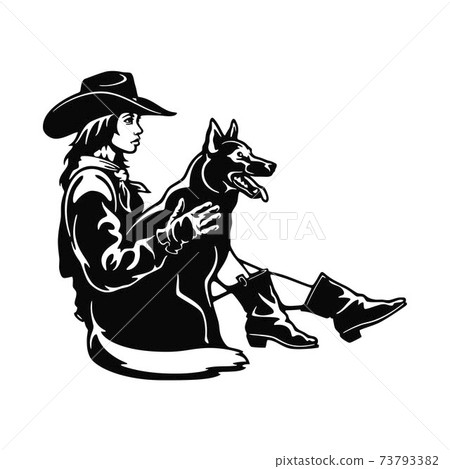 Cowgirl and Dog, Retro style Poster. Cut Ready vector illustration isolated 73793382