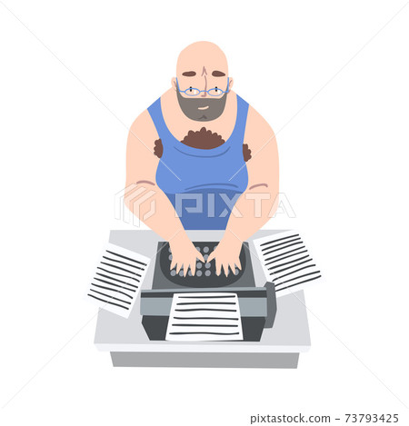 Bearded Man Journalist Sitting at Desk Writing Article or Public Essay on Typewriter Vector Illustration Bearded Man Journalist Sitting at Desk Writing Article or Public Essay on Typewriter Vector Illustration 73793425