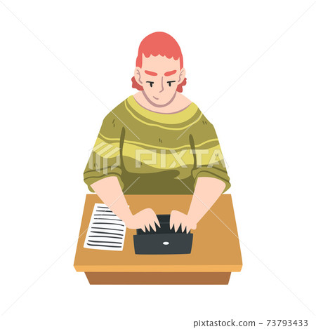 Professional Journalist at Desk Writing Article or Post on Laptop Vector Illustration Professional Journalist at Desk Writing Article or Post on Laptop Vector Illustration 73793433