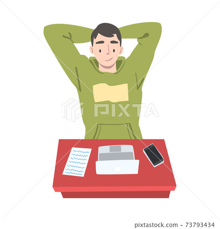 Satisfied Man Journalist or Columnist at Workplace Thinking Over Article Topic Vector Illustration Satisfied Man Journalist or Columnist at Workplace Thinking Over Article Topic Vector Illustration 73793434