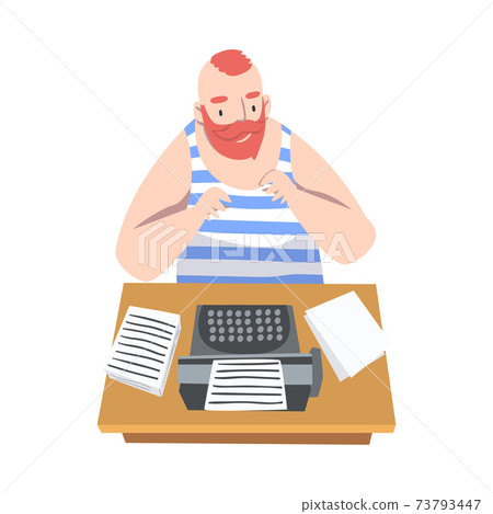 Moustached Man Journalist Sitting at Desk Writing Article or Public Essay on Typewriter Vector Illustration Moustached Man Journalist Sitting at Desk Writing Article or Public Essay on Typewriter Vector Illustration 73793447