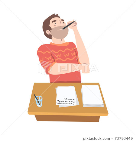 Man Journalist at Desk Thinking Over Topic for Article or Media Information Vector Illustration Man Journalist at Desk Thinking Over Topic for Article or Media Information Vector Illustration 73793449