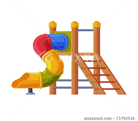 Colorful Wooden Slide with Tube and Ladder on Playground Vector Illustration Colorful Wooden Slide with Tube and Ladder on Playground Vector Illustration 73793516