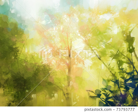 Illustration soft colorful forest and sky. Abstract spring season, outdoor landscape with yellow and green leaf on tree. Nature painting pastel design with watercolor paint. Modern art for background Illustration soft colorful forest and sky. Abstract spring season, outdoor landscape with yellow and green leaf on tree. Nature painting pastel design with watercolor paint. Modern art for background 73793777