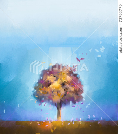 Illustration colorful autumn forest. Abstract image of fall season, yellow and red leaf on tree, field, meadow, outdoor landscape. Nature painting with oil paint. Modern art for wallpaper background Illustration colorful autumn forest. Abstract image of fall season, yellow and red leaf on tree, field, meadow, outdoor landscape. Nature painting with oil paint. Modern art for wallpaper background 73793779