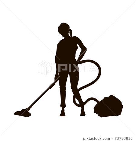 Black silhouette of girl with vacuum cleaner. Isolated woman cleaning floor. Housemaid with hoover doing homework. Housewife vacuuming room Black silhouette of girl with vacuum cleaner. Isolated woman cleaning floor. Housemaid with hoover doing homework. Housewife vacuuming room 73793933