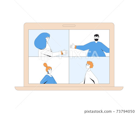 Video call conference. Online meeting. Digital communication. People talking to each other on laptop screen. Remote teamwork. Vector color line art illustration. 73794050