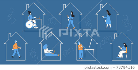 Work from home. Online meeting collegues. Digital communication. Coworkers talking to each others with computers, phones on internet. Remote teamwork during lockdown. Vector line art illustration. 73794116