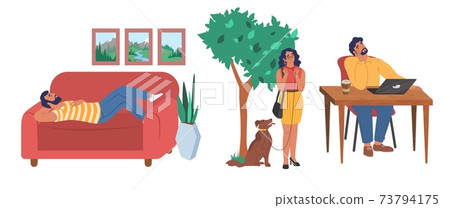 People dreaming scene set, flat vector illustration. Dreamy characters thinking while relaxing at home, walking, working People dreaming scene set, flat vector illustration. Dreamy characters thinking while relaxing at home, walking, working 73794175