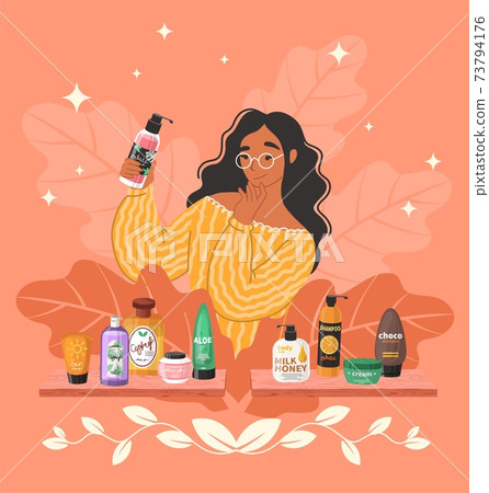 Happy woman with cosmetic bottle, flat vector illustration. Beauty hair and skincare products on shelves. Cosmetic store Happy woman with cosmetic bottle, flat vector illustration. Beauty hair and skincare products on shelves. Cosmetic store 73794176
