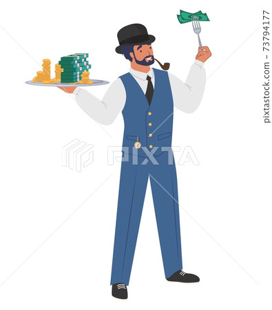 Rich gentleman banker with tray full of cash money, flat vector illustration. Wealthy businessman, millionaire, tycoon. Rich gentleman banker with tray full of cash money, flat vector illustration. Wealthy businessman, millionaire, tycoon. 73794177