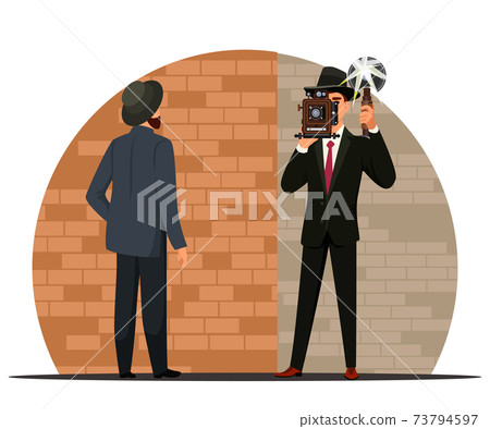 Vector character photographer with retro camera 73794597