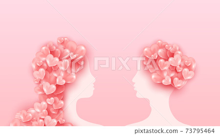 Silhouette of young man and woman with love balloons shaped looking at each other. Happy charming couple in love. 73795464