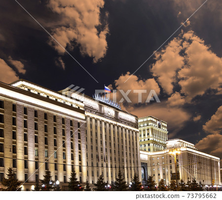 Main Building of the Ministry of Defence of the Russian Federation (Minoboron), at night-- is the governing body of the Russian Armed Forces. Moscow, Russia 73795662