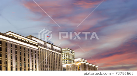 Main Building of the Ministry of Defence of the Russian Federation (Minoboron), at night-- is the governing body of the Russian Armed Forces. Moscow, Russia 73795663