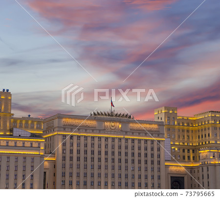 Main Building of the Ministry of Defence of the Russian Federation (Minoboron), at night-- is the governing body of the Russian Armed Forces. Moscow, Russia 73795665