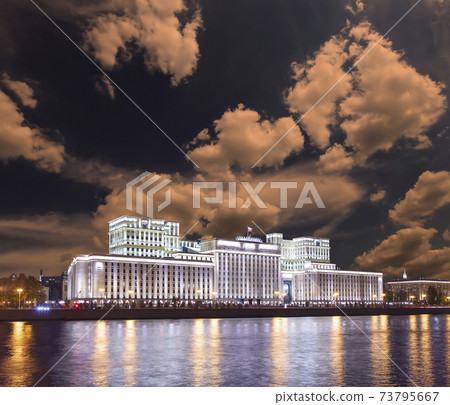 Main Building of the Ministry of Defence of the Russian Federation (Minoboron), at night-- is the governing body of the Russian Armed Forces. Moscow, Russia 73795667