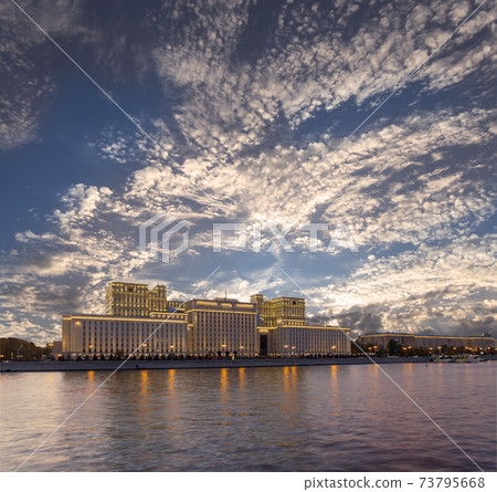 Main Building of the Ministry of Defence of the Russian Federation (Minoboron), at night-- is the governing body of the Russian Armed Forces. Moscow, Russia 73795668