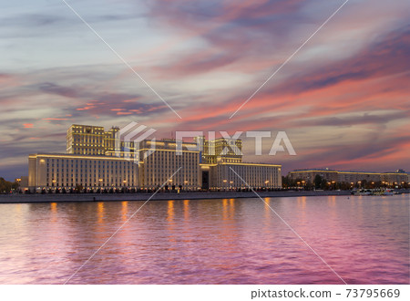 Main Building of the Ministry of Defence of the Russian Federation (Minoboron), at night-- is the governing body of the Russian Armed Forces. Moscow, Russia 73795669