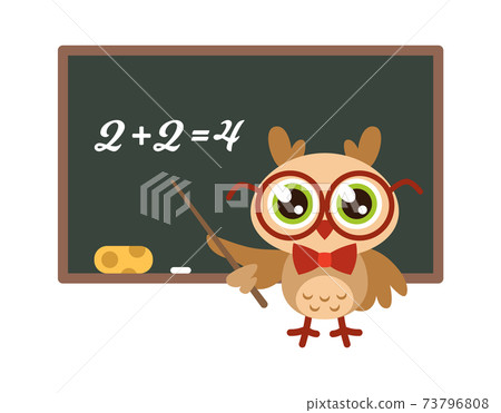 School owl near blackboard. Cute bird with glasses teaching mathematics, funny joyful bird teacher, knowledge and learning mascot, wisdom symbol child print isolated illustration 73796808