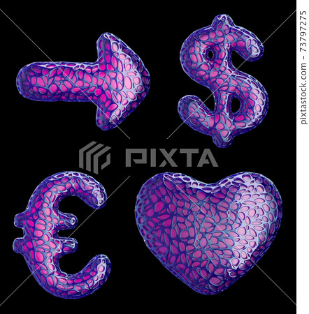 Symbol collection arrow, dollar, euro, heart made of purple plastic. 3d rendering Symbol collection arrow, dollar, euro, heart made of purple plastic. 3d rendering 73797275