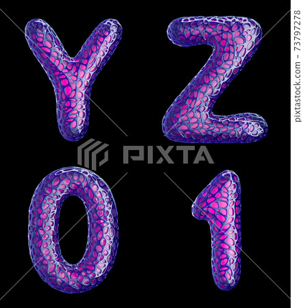 Realistic 3D letters set Y, Z, 0, 1 made of purple plastic. 73797278