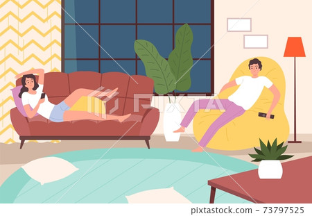Couple relaxed. Home evening, woman man recreation. Young couple on sofa and arm chair in living room vector illustration Couple relaxed. Home evening, woman man recreation. Young couple on sofa and arm chair in living room vector illustration 73797525