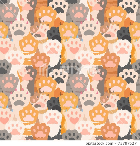 Cats paw pattern. Cute kitten foot background. Pets, wild animal vector seamless texture 73797527