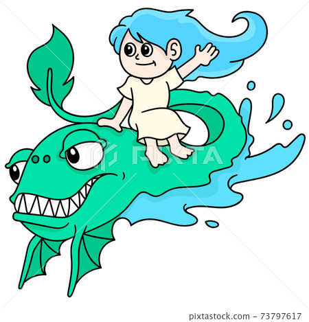 a woman riding a monster fish swims together, doodle icon image kawaii a woman riding a monster fish swims together, doodle icon image kawaii 73797617
