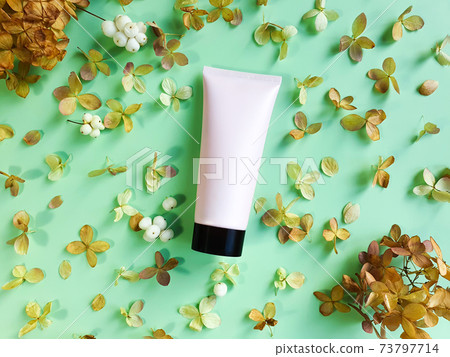 Top view of unbranded light pink squeeze cosmetic tube with black cap and dried hydrangea flowers on green background. Natural organic spa cosmetics concept. Flat lay, mockup 73797714