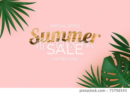 Natural Realistic Black and Gold Palm Leaf Tropical Background. Summer Sale Concept. Vector illustration EPS10 Natural Realistic Black and Gold Palm Leaf Tropical Background. Summer Sale Concept. Vector illustration EPS10 73798543
