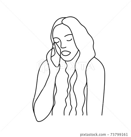 Minimalism hand drawn female vector portrait in modern abstract one line drawing graphic style. Decor print, wall art, creative design social media. Trendy template woman speaks on the phone 73799161