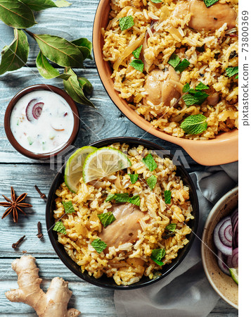 Pakistani chicken biryani rice, top view, copy space Pakistani chicken biryani rice, top view, copy space 73800369