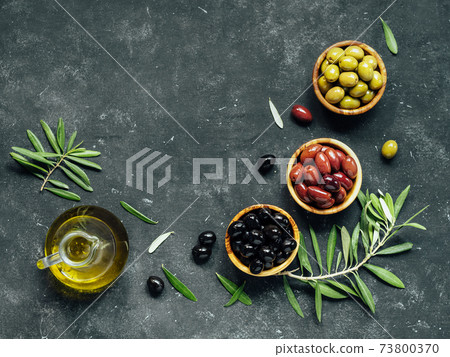 Set of different types olives and olive oil Set of different types olives and olive oil 73800370