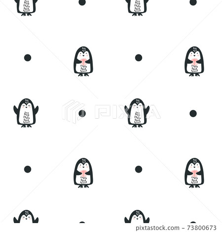 Scandinavian hand drawn vector Funny Penguin with a gift seamless pattern. Cute doodle modern isolated pop art elements nordic Scandinavian hand drawn vector Funny Penguin with a gift seamless pattern. Cute doodle modern isolated pop art elements nordic 73800673