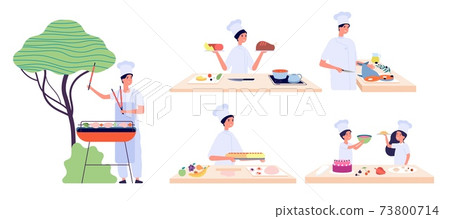 Man cooking. Culinary characters, bbq chef party. People and children eat, food preparation workshop. Picnic or restaurant service, healthy meal cook vector set 73800714