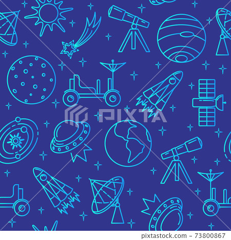 Blue seamless pattern with space icons in thin line style 73800867