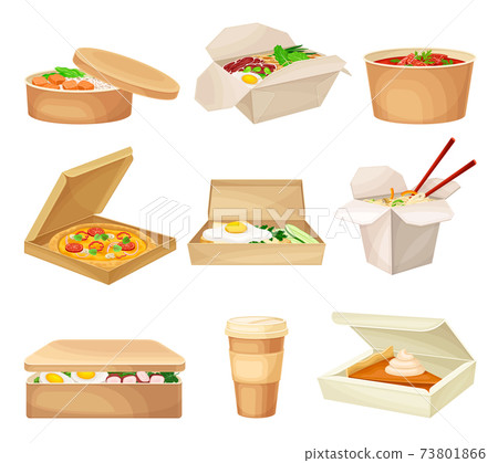 Kraft Paper or Cardboard Eco Package with Food Inside Vector Set 73801866