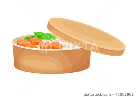 Round Carton or Cardboard Eco Package with Rice and Salmon Inside Vector Illustration 73801901