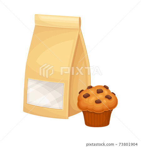 Kraft Paper or Cardboard Eco Package with Muffin Beside Vector Illustration 73801904