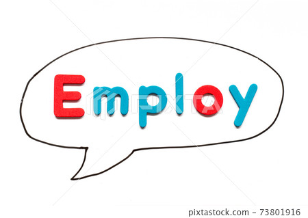 Alphabet letter with word employ in black line hand drawing as bubble speech on white board background 73801916